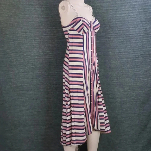 Summer Dress! Love, Fire Blue & Coral Striped Button Front Fit & Flare Dress - Picture 1 of 15